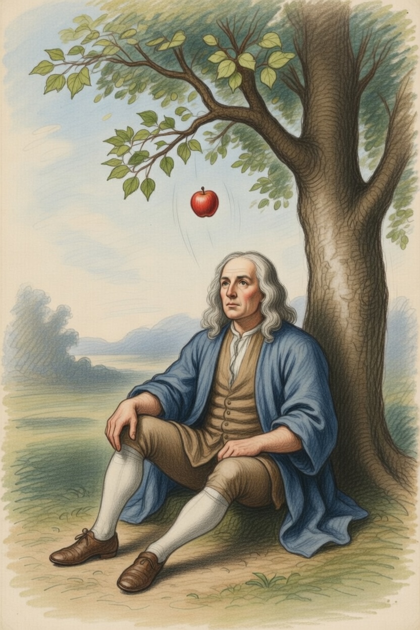 Newton debajo de un árbol y una manzana cayendose sobre su cabeza